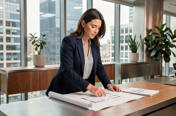 Femme investisseuse immobilière analysant des plans et documents financiers dans un bureau moderne avec vue sur la ville