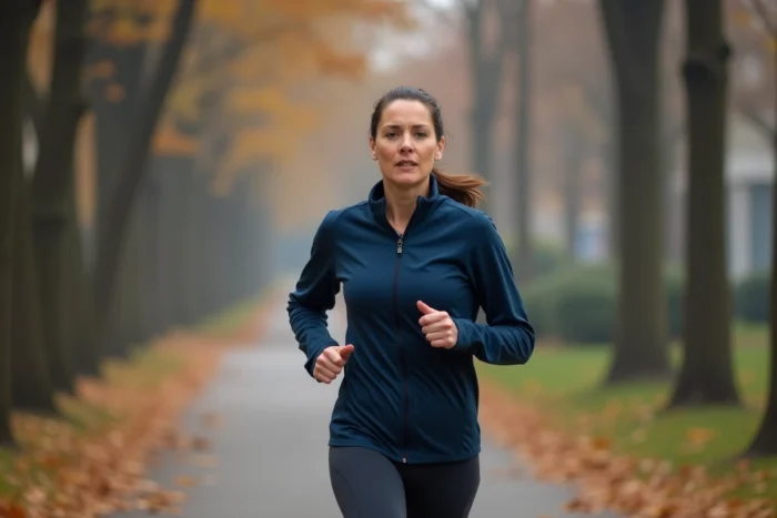 Femme faisant du jogging en ville entourée d'arbres pour améliorer sa santé et réduire le taux de CDT en 10 jours