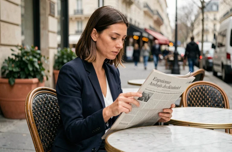 Femme française lisant un journal quotidien en terrasse de café parisien, actualités tendances France
