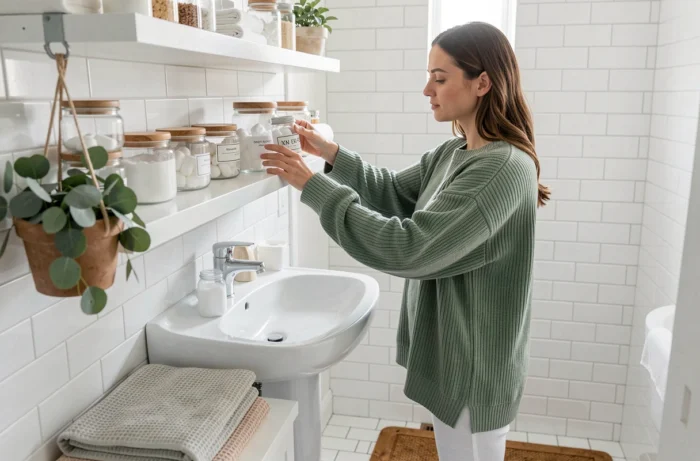 Femme organisant des contenants en verre dans une salle de bain épurée pour optimiser son quotidien à la maison