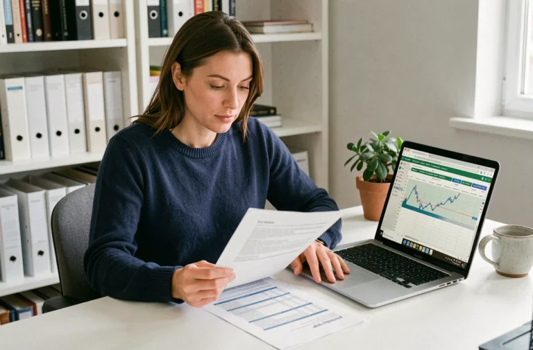 Femme concentrée qui planifie son budget personnel sur un bureau organisé avec un ordinateur portable et des documents financiers imprimés