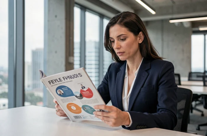 Femme professionnelle consultant un magazine business innovant dans un bureau moderne pour anticiper les tendances entrepreneuriales