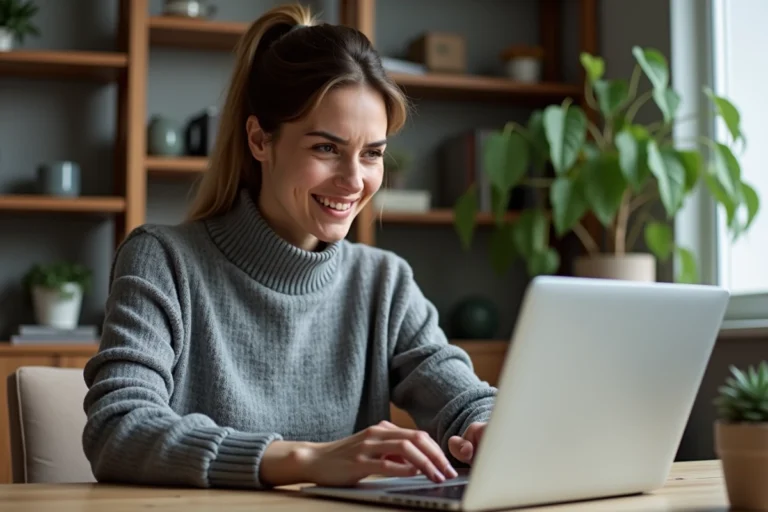 Femme cherchant une annonce supprimée sur Leboncoin depuis son bureau à domicile