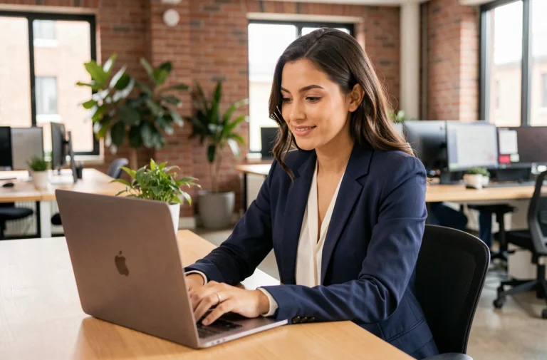 Jeune femme consultant des offres d'emploi sur un ordinateur portable dans un espace de coworking moderne