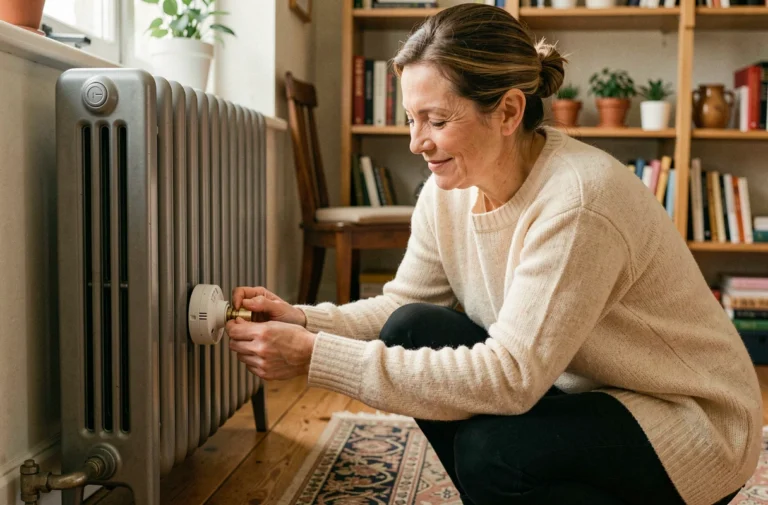 Femme ajustant le thermostat d'un radiateur en fonte moderne dans un salon chaleureux et décoré avec goût