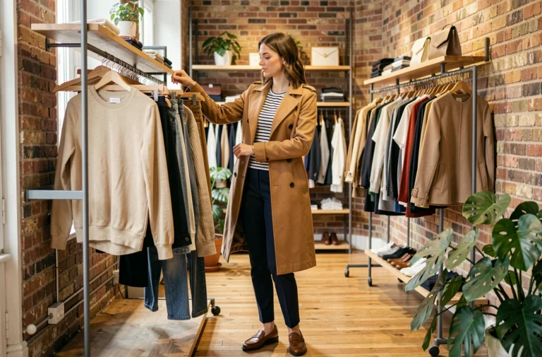 Femme tendance en manteau camel feuilletant des vêtements dans une boutique de mode parisienne au décor minimaliste