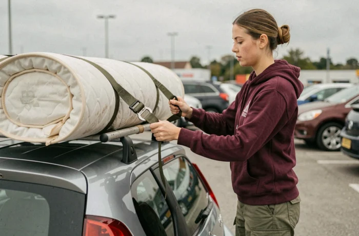 Femme attachant un matelas roulé sur le toit d'une voiture avec des sangles d'arrimage dans un parking