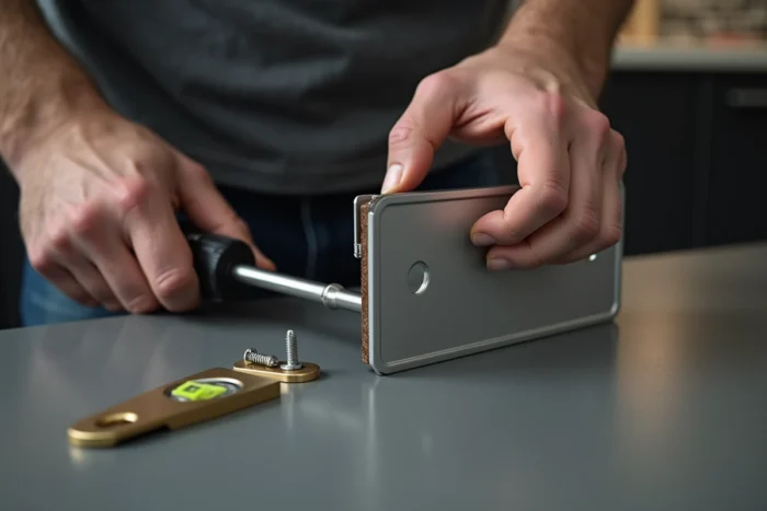 Gros plan sur des mains fixant le dispositif anti-basculement d'un four avec un tournevis sur un panneau de meuble de cuisine