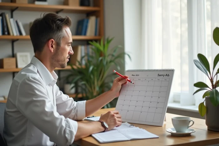 Professionnel encerclant une date précise sur un grand calendrier mural avec un marqueur rouge avant toute réservation d'événement.