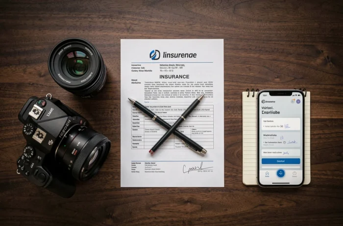 Flat lay d'un appareil photo mirrorless et d'un contrat d'assurance sur un bureau en bois