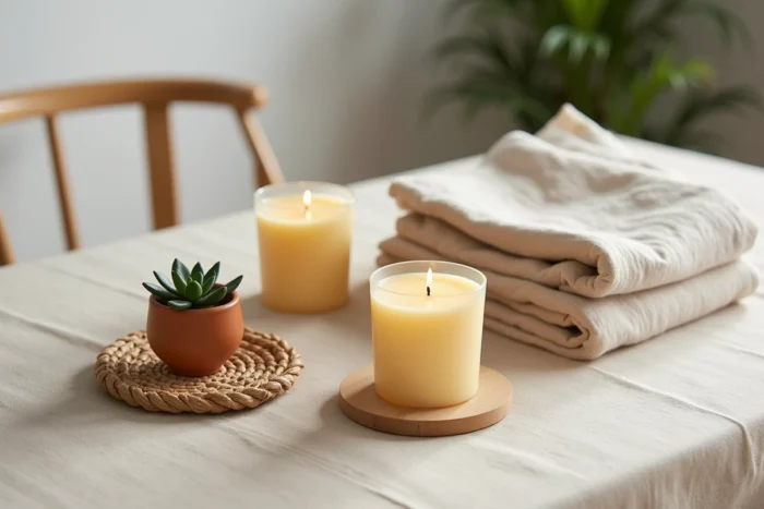 Flat lay de décorations intérieures écoresponsables : bougie en cire d'abeille, dessous de verre en rotin, plante succulente en pot en terre cuite et plaid en coton bio