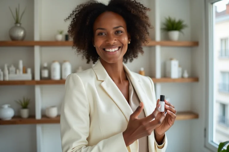 Fondatrice de Leevna France en blazer ivoire tenant un sérum dans un bureau parisien moderne