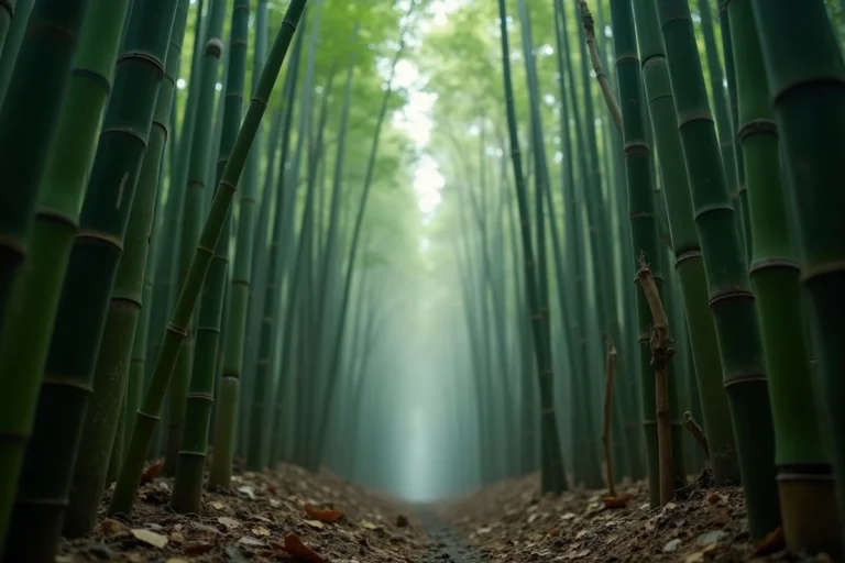 Forêt de bambous dense en Asie du Sud-Est avec tiges hautes et atmosphère brumeuse évoquant un cadre historique oppressant