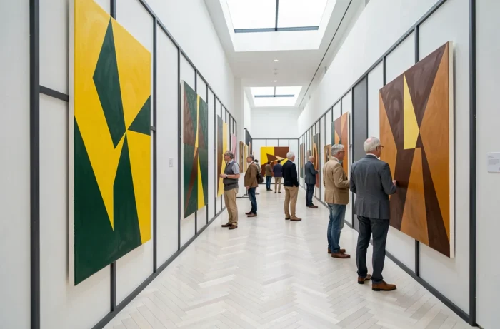 Galerie d'art contemporain avec peintures abstraites colorées et visiteurs contemplant les œuvres