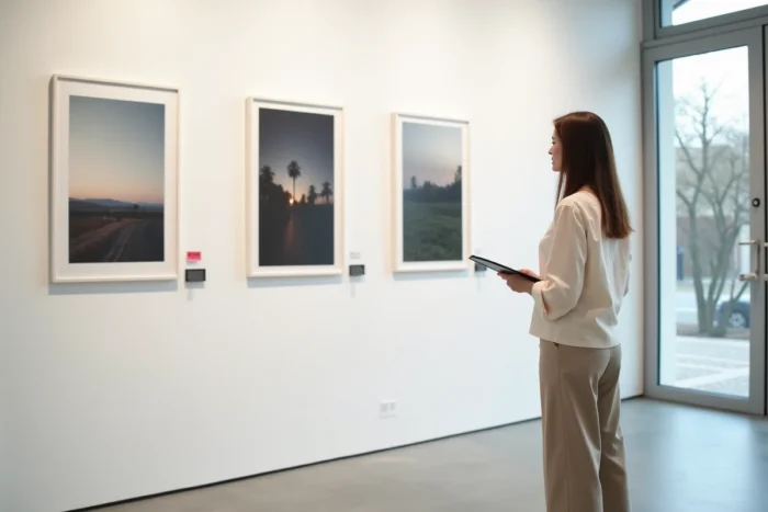 Galeriste française examinant des œuvres photographiques dans une galerie d'art contemporain à Paris, exposition et droit à l'image