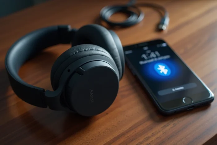 Gros plan d'un casque Sony Bluetooth posé sur un bureau en bois à côté d'un smartphone affichant l'écran d'appairage Bluetooth