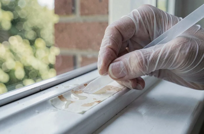 Gros plan sur des mains gantées utilisant un grattoir plastique pour enlever de la colle séchée sur un profilé de fenêtre PVC