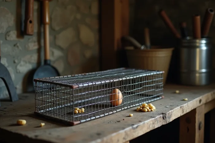 Gros plan d'un piège à fouine en cage métallique avec appât posé sur un établi en bois dans une remise