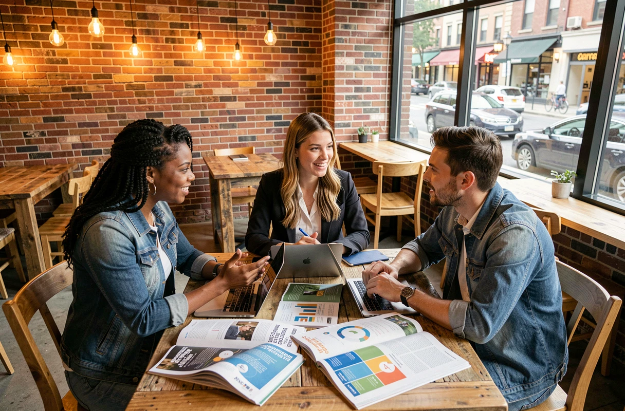 Groupe de jeunes professionnels discutant de tendances business à partir de magazines innovants dans un café coworking urbain