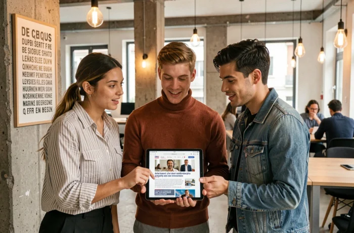 Grupo de jovens profissionais discutindo as últimas notícias francesas em torno de um tablet em um espaço de coworking