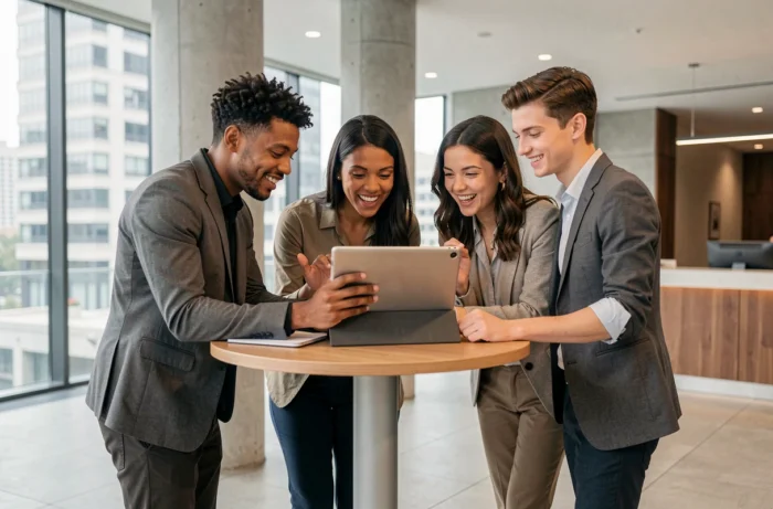 Groupe de jeunes professionnels consultant des opportunités d'emploi ensemble sur une tablette dans un bureau moderne
