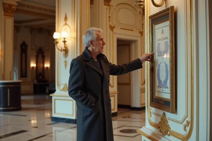 Homme consultant le plan des places dans le hall d'entrée du théâtre du Palais-Royal à Paris