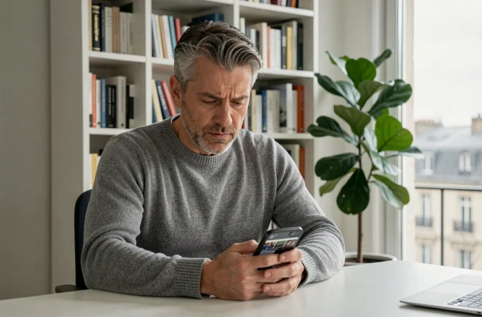 Homem consultando as tendências e notícias francesas no smartphone a partir de seu escritório em casa