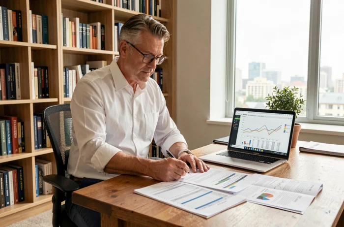 Homme d'affaires étudiant des documents immobiliers et des graphiques financiers dans un bureau à domicile