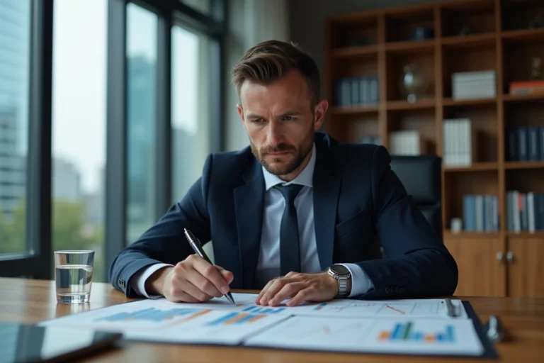 Un homme d'affaires en costume marine analyse des graphiques financiers dans un bureau moderne avec vue sur la ville, illustrant une stratégie d'investissement patrimonial en 2024