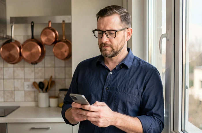 Homme scrutant un appel entrant au numéro +33 806 sur son téléphone dans une cuisine moderne