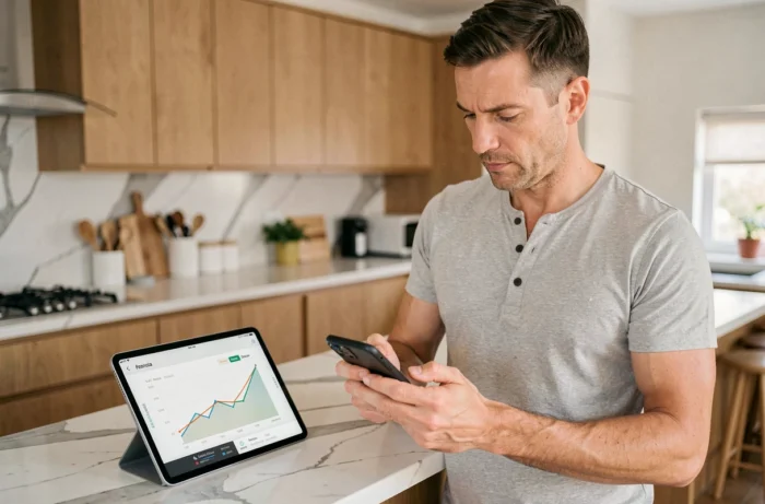 Homme consultant une application de gestion des finances personnelles sur smartphone dans une cuisine moderne avec une tablette affichant des graphiques d'épargne