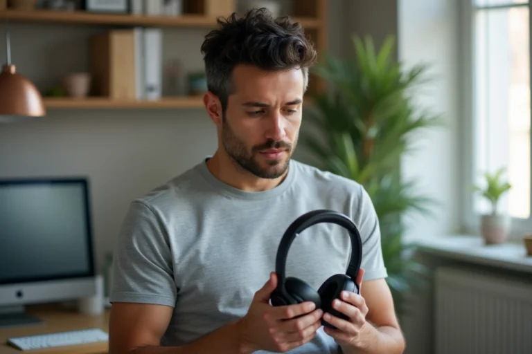 Homme tenant un casque Sony Bluetooth dans ses mains prêt à l'appairer avec un appareil dans un bureau moderne