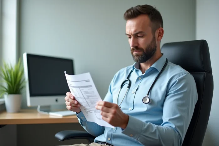 Homme consultant ses résultats d'analyse médicale pour suivre l'évolution de son taux de CDT lors d'un bilan de santé