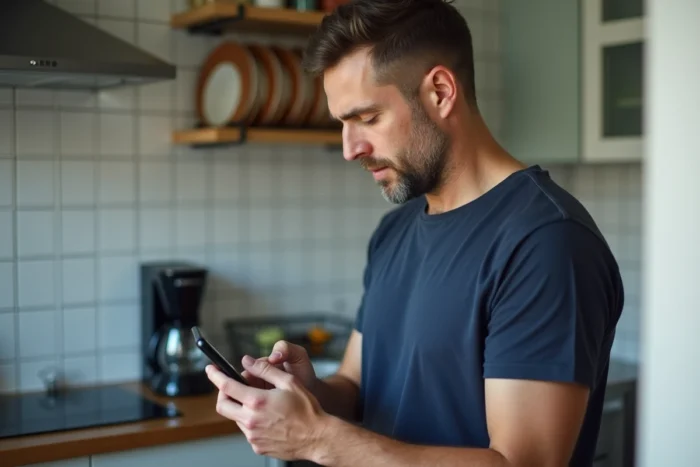 Homme consultant son téléphone pour retrouver une annonce supprimée sur une application de petites annonces