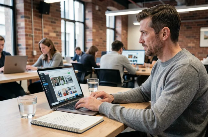 Homme travaillant sur sa boutique en ligne dans un espace de coworking avec un ordinateur portable et des notes manuscrites