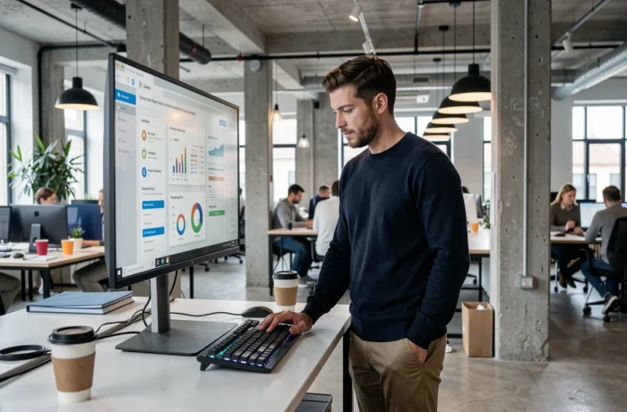 Homme debout dans un espace de coworking moderne consultant des outils de productivité en ligne sur un grand écran