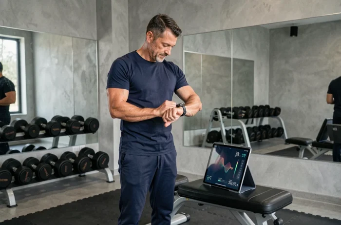 Homme consultant des données de santé sur montre connectée et tablette dans une salle de sport moderne à domicile