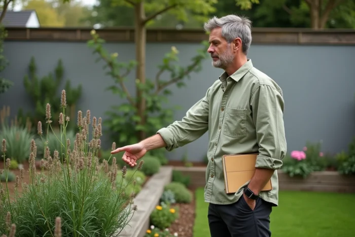 Homme évaluant l'emplacement idéal pour planter une nepeta dans un jardin de banlieue avec une bordure de plantes vivaces