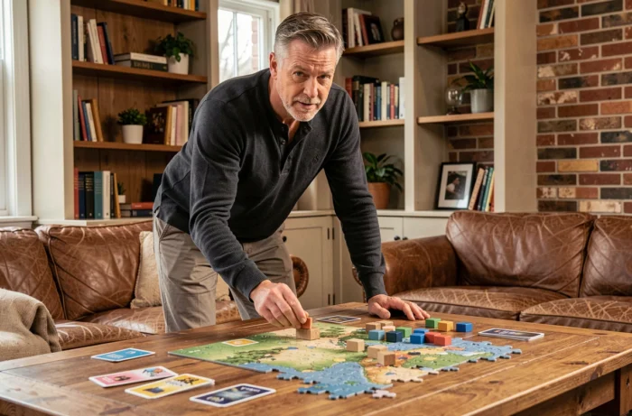 Homme jouant à un jeu de société dans un salon cosy, tendances loisirs intérieurs et jeux de société