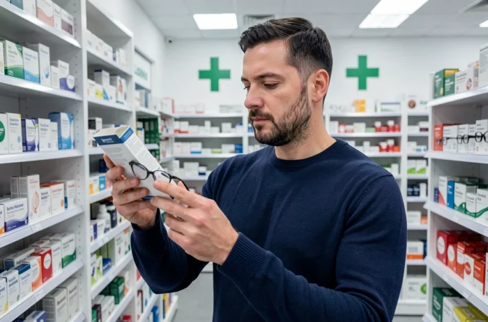 Homme lisant l'emballage de lunettes en vente libre dans une pharmacie française