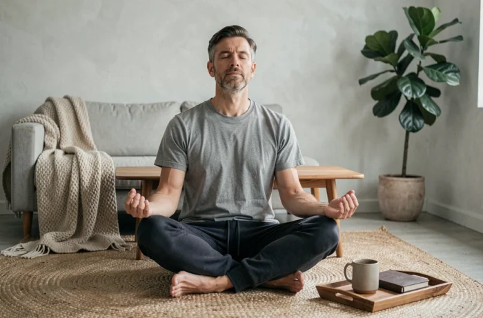 Homme en méditation assis sur un tapis de jute dans un salon minimaliste pour améliorer son bien-être quotidien