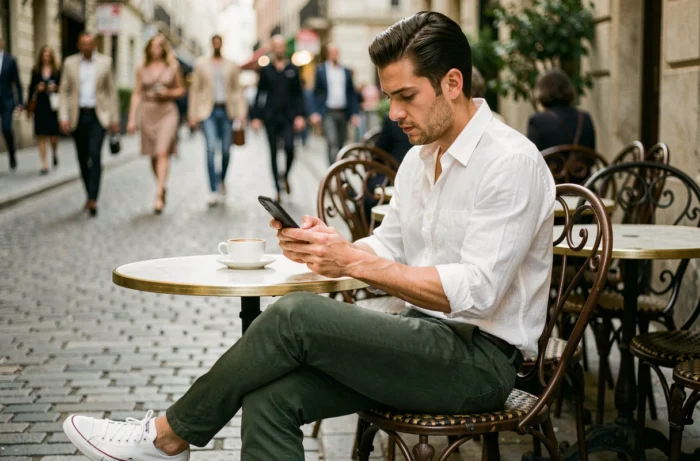 Homme élégant en tenue décontractée assis en terrasse de café dans une rue européenne pavée