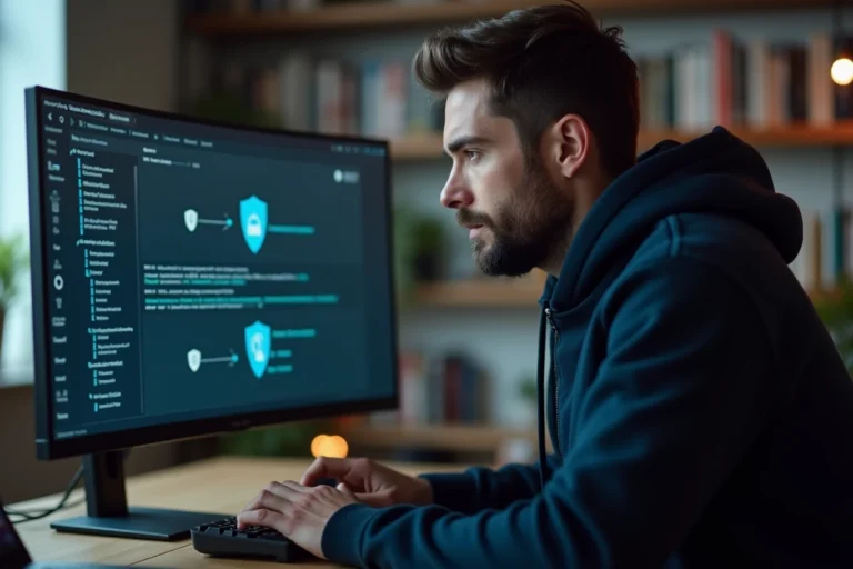 Homme en hoodie configurant un proxy sécurisé sur un moniteur ultrawide à son bureau