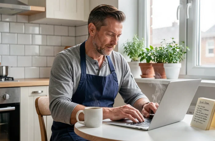 Homme consultant des recettes de cuisine sur un ordinateur portable dans une cuisine moderne avec des herbes aromatiques sur le rebord de fenêtre