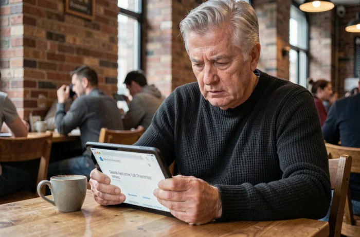 Homme mature recherchant la signification d'un numéro +33 806 sur une tablette dans un café parisien