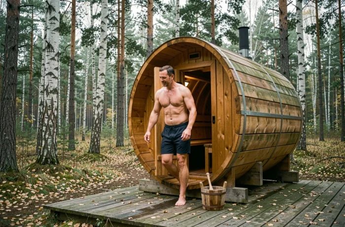 Homme sortant d'un sauna tonneau extérieur en forêt nordique, exprimant une sensation de détente et de ressourcement naturel