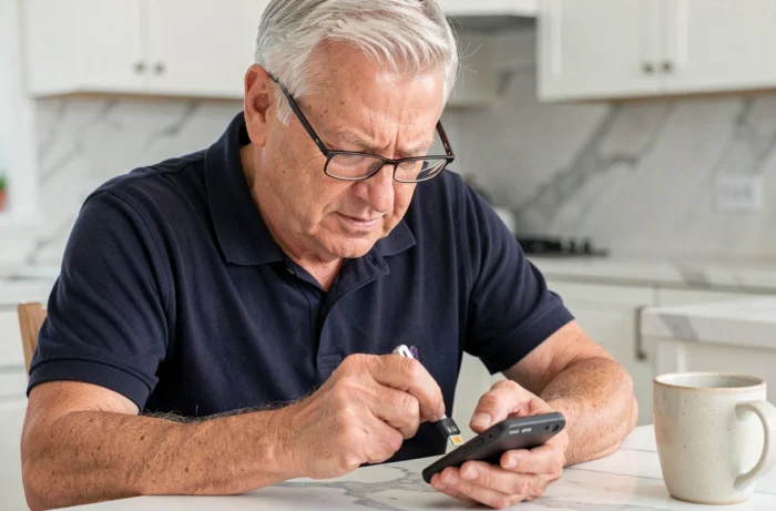 Homme âgé utilisant un outil d'éjection pour ouvrir le tiroir carte SD de son téléphone Doro