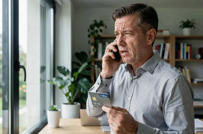 Man reporting a banking fraud by phone while holding his Crédit Agricole card, procedure for disputing a fraudulent transaction