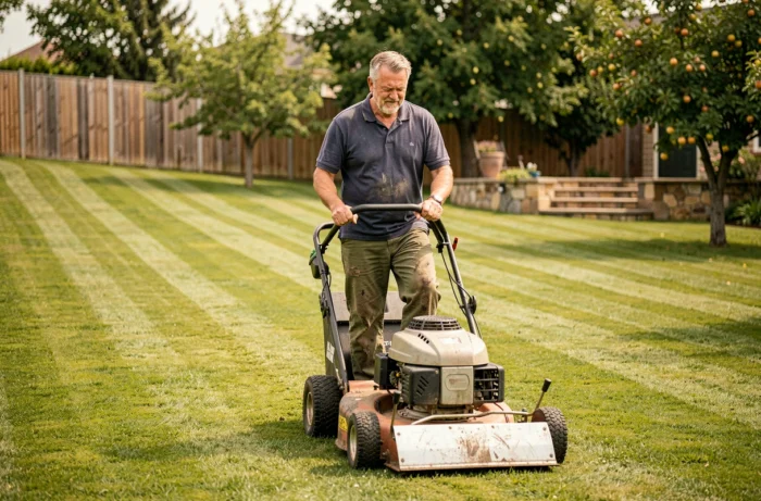 Homme utilisant une tondeuse autoportée sur un grand terrain de 2500 m² avec des lignes de tonte parallèles visibles