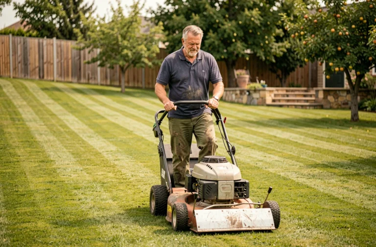 Homme utilisant une tondeuse autoportée sur un grand terrain de 2500 m² avec des lignes de tonte parallèles visibles